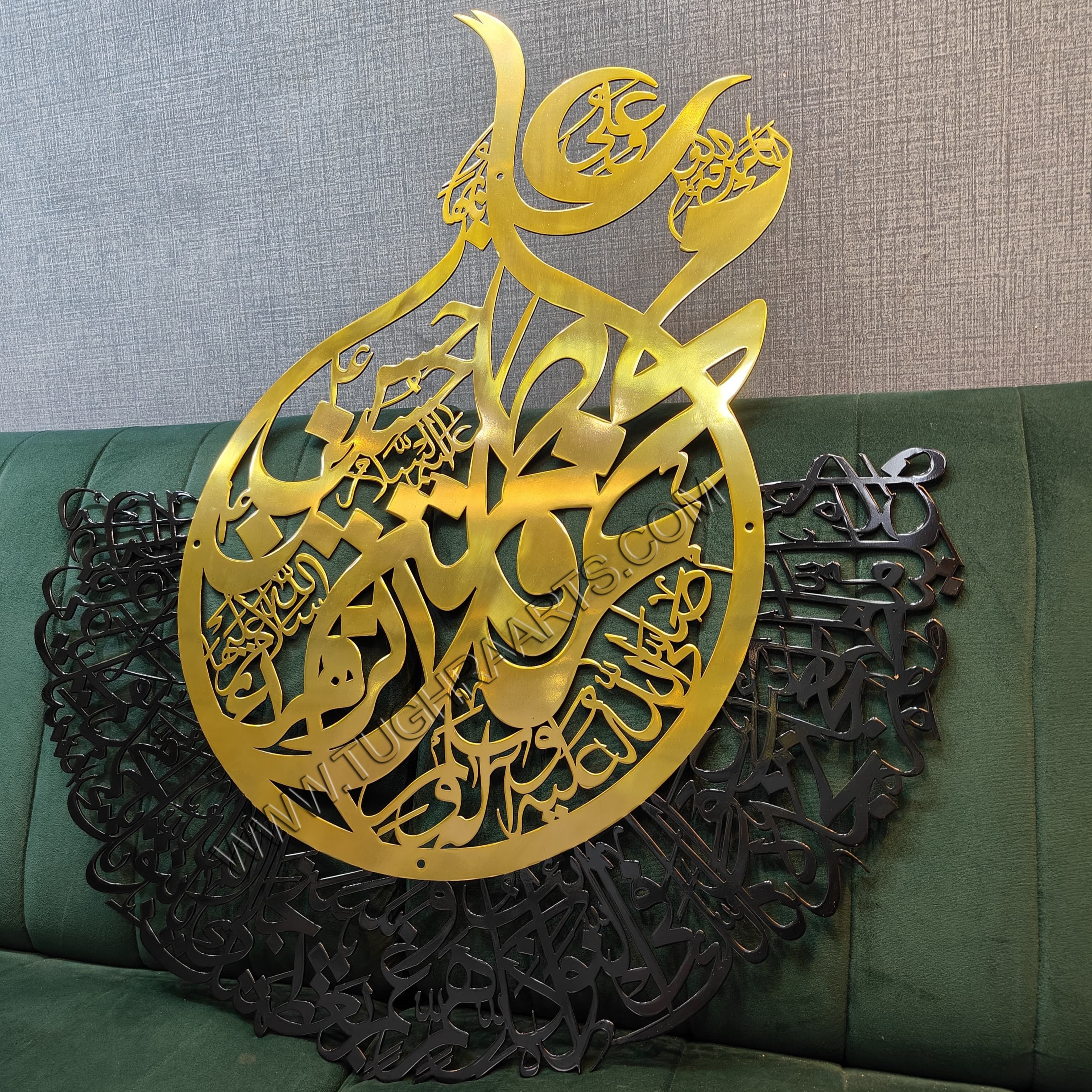 Nad-e-Ali with Panjatan Pak Names – Stainless Steel Islamic Wall Art gold and black by tughra arts