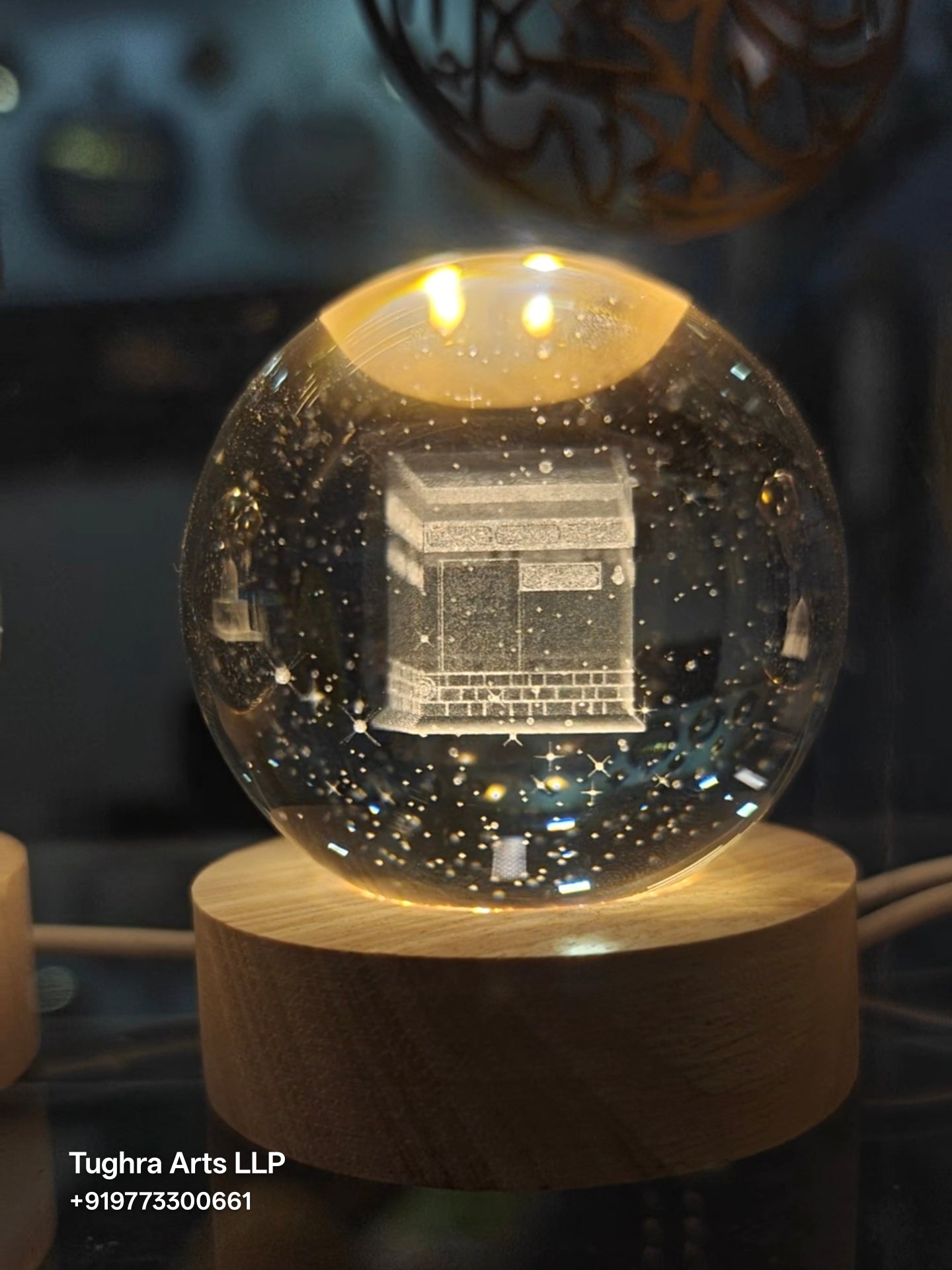 3D Kaba Sharif Crystal Ball Night Lamp with Wooden LED Base – Islamic Gift by Tughra Arts