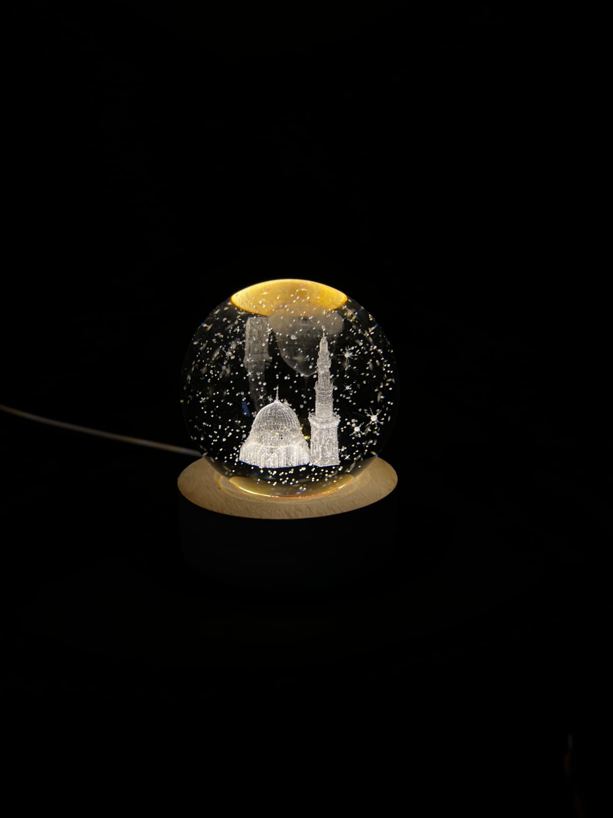 3D Madina Sharif Crystal Ball Night Lamp with Wooden LED Base – Islamic Gift by Tughra Arts