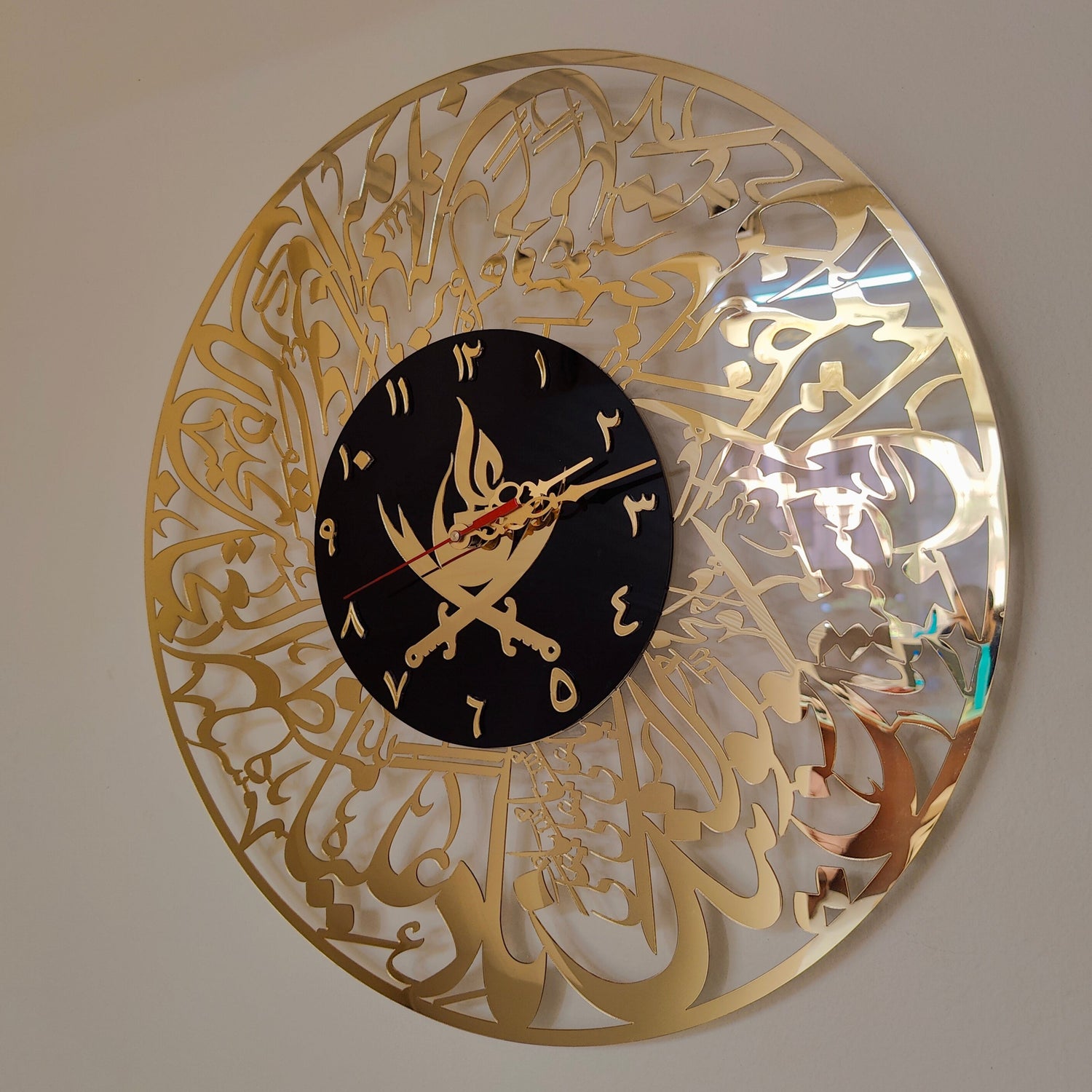 Nad E Ali Calligraphy wall clock in acrylic by tughra arts mumbai india
