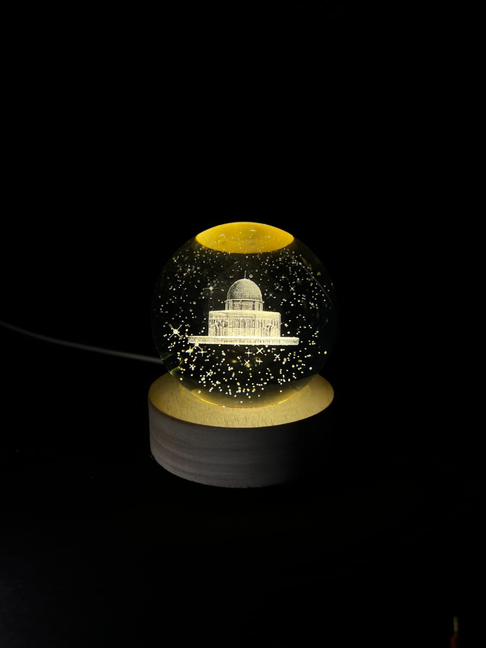 3D Masjid E Aqsa Crystal Ball Night Lamp with Wooden LED Base – Islamic Gift by Tughra Arts