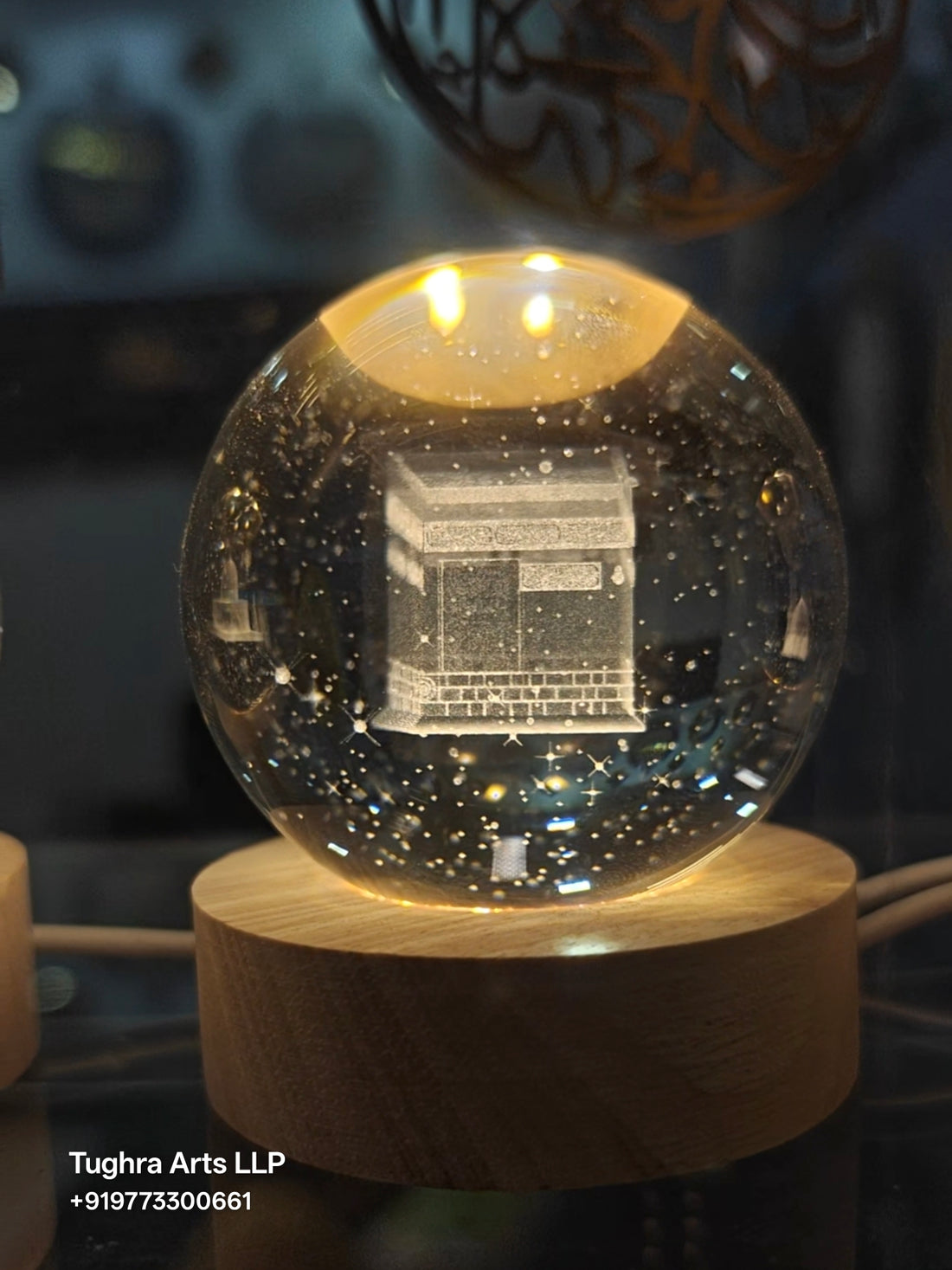 3D Kaba Sharif Crystal Ball Night Lamp with Wooden LED Base – Islamic Gift by Tughra Arts