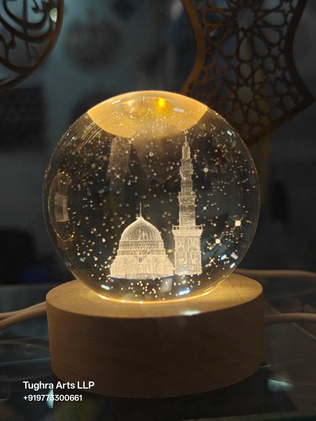 3D Madina Sharif Crystal Ball Night Lamp with Wooden LED Base – Islamic Gift by Tughra Arts