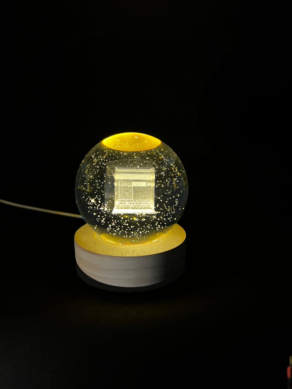 3D Kaba Sharif Crystal Ball Night Lamp with Wooden LED Base – Islamic Gift by Tughra Arts