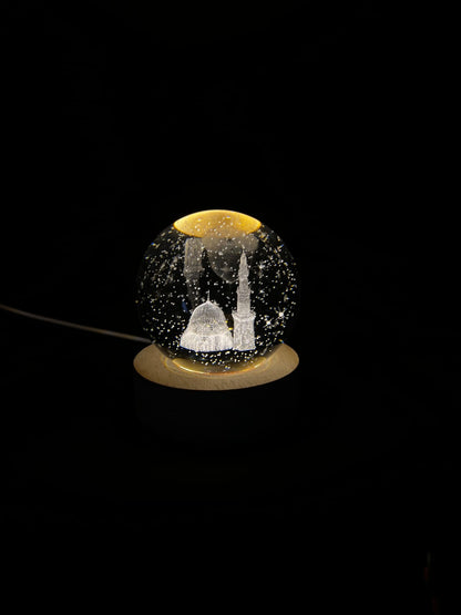 3D Madina Sharif Crystal Ball Night Lamp with Wooden LED Base – Islamic Gift by Tughra Arts