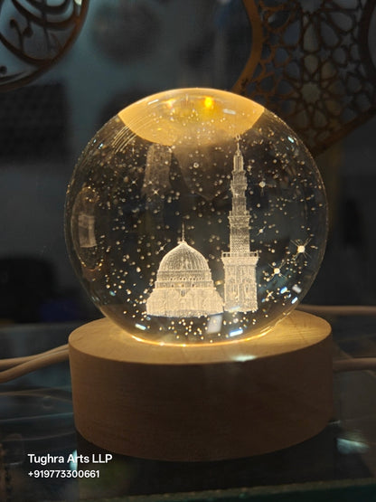 3D Madina Sharif Crystal Ball Night Lamp with Wooden LED Base – Islamic Gift by Tughra Arts