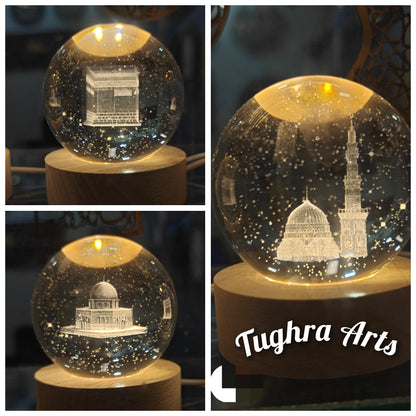 Buy 2 Get 1 Free | 3D Crystal Ball Night Lamp Set – Kaaba, Madina and Masjid E Aqsa | Islamic Gift by Tughra Arts